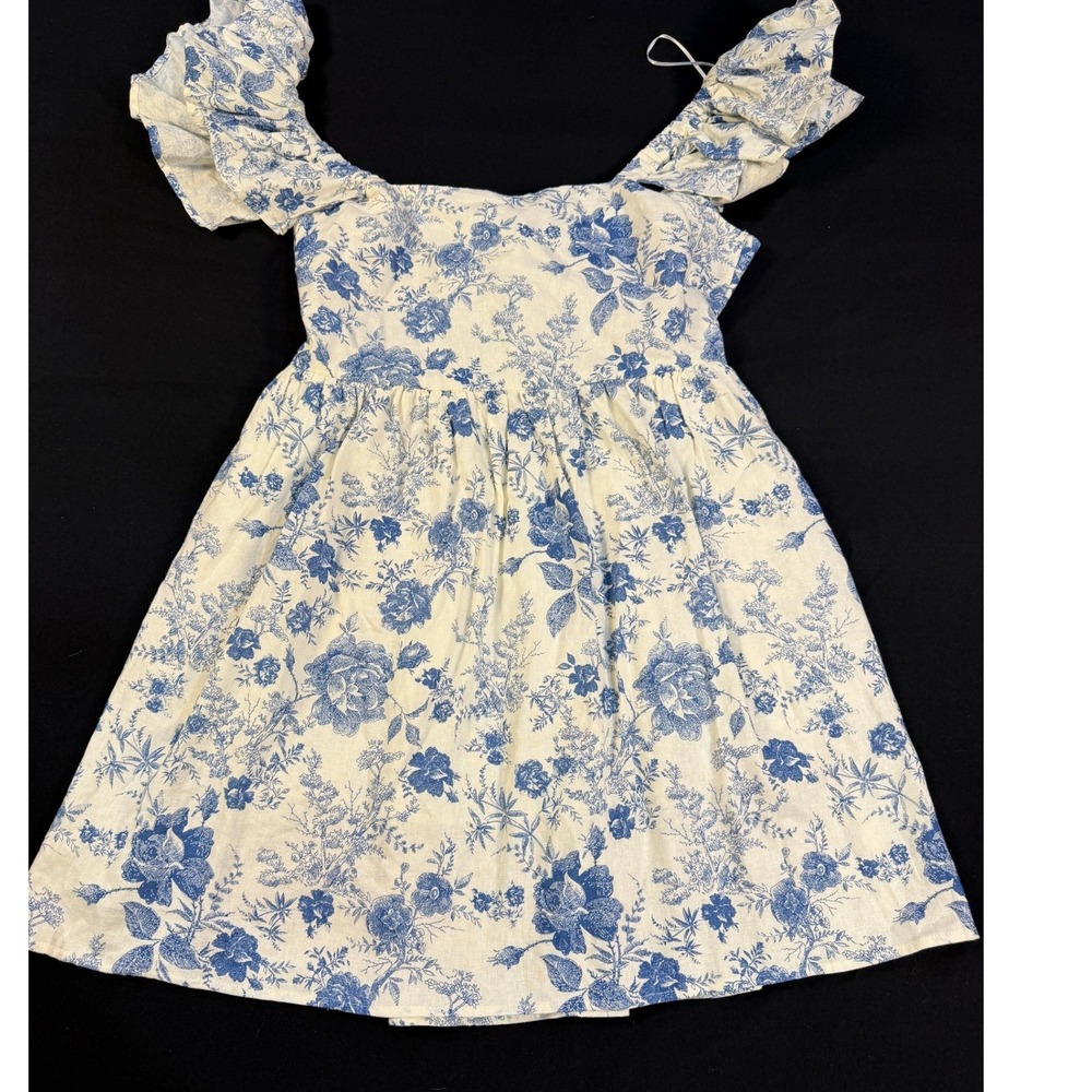 Francesca's NWT Blue Floral Toile Linen Bow Back Ruffle Mini Dress Ivory Large